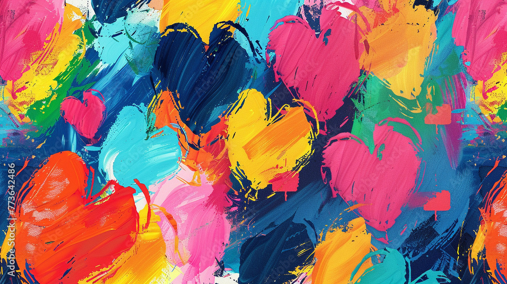 Watercolor painting of many hearts with different colors and sizes. The painting is full of life and energy, and it conveys a sense of love and happiness. The brushstrokes are bold and expressive
