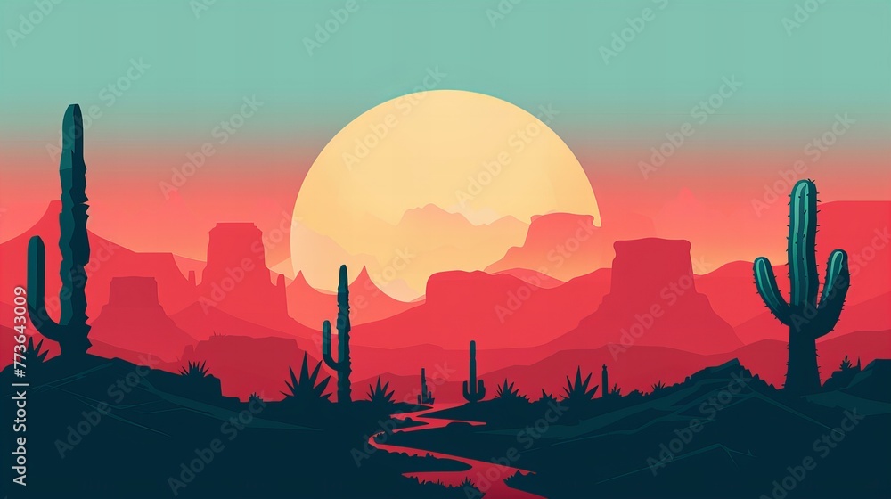 Minimalistic 2D flat vector design of a desert landscape with a limited color palette - obrazy, fototapety, plakaty 