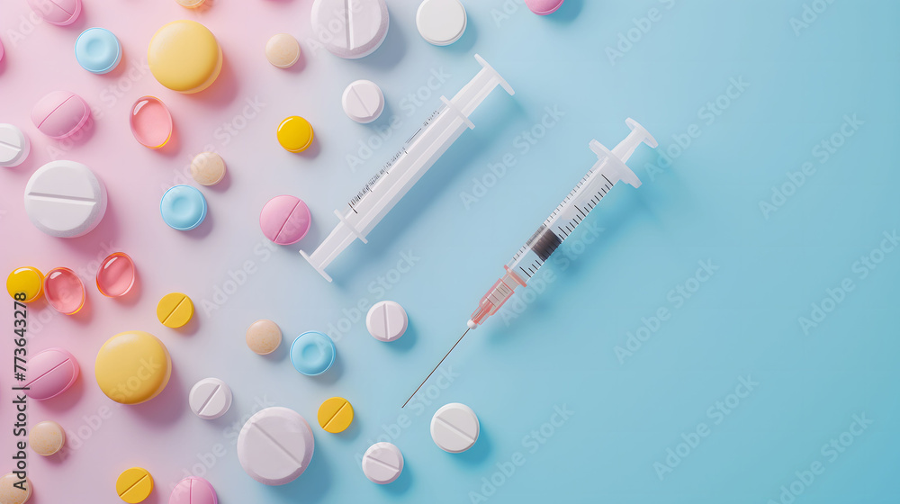 Various pills with a syringe on pink and blue background. Medical supplies, Concept of healthcare and medicine.
Various pills with a syringe on pink and blue background. Medical supplies, Concept of healthcare and medicine.