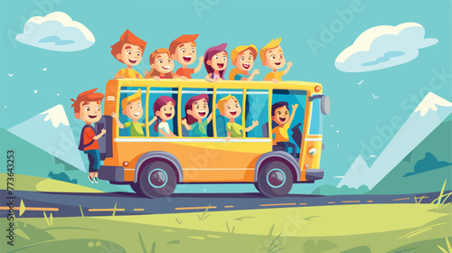 Children in a bus scene illustration flat cartoon v