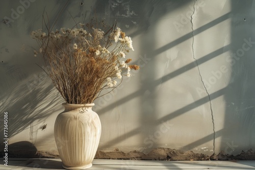bouquet of dried flowers in a floor vase. place to insert photo