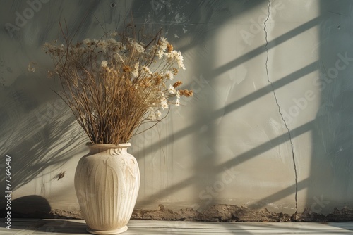 bouquet of dried flowers in a floor vase. place to insert photo
