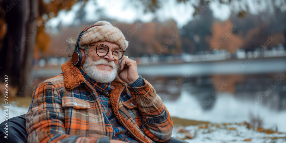 Retired Old Man with White Beard in Winter Hat and Lumberjack Coat Listening to Music Sitting on a Mountain Lake Retired Old Man with White Beard in Winter Hat and Lumberjack Coat Listening to Music Sitting on a Mountain Lake