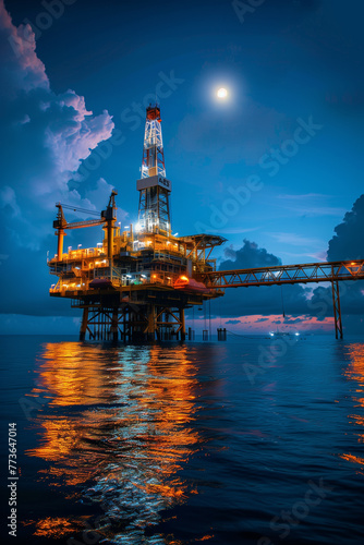 Offshore oil rig platform at late evening with oil drilling operation in open sea