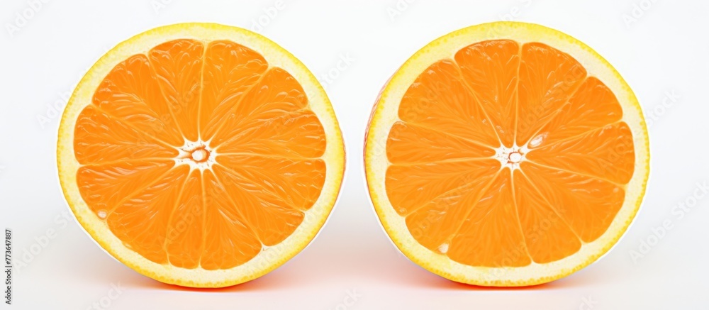 Sliced into two equal parts, two juicy orange halves are displayed on a clean white surface, showcasing vibrant colors and freshness Sliced into two equal parts, two juicy orange halves are displayed on a clean white surface, showcasing vibrant colors and freshness