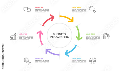 Concept of 6 step circular business process. Infographic arrow design template. Presentation, Project. Vector illustration.