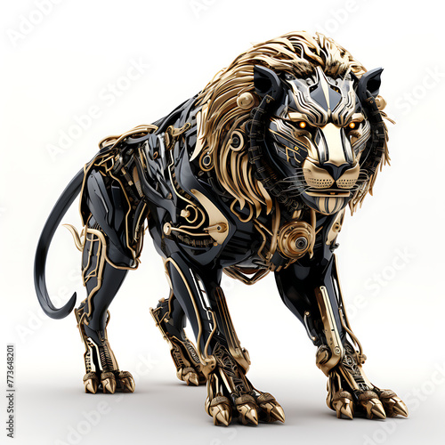 futuristic luxury cyborg machine lion, Artificial intelligence concept. black and gold, against isolated background. © mostafa