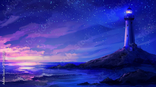A peaceful night sky in shades of deep blue and soft purple is punctuated by the comforting beam of light emanating from a seaside . .