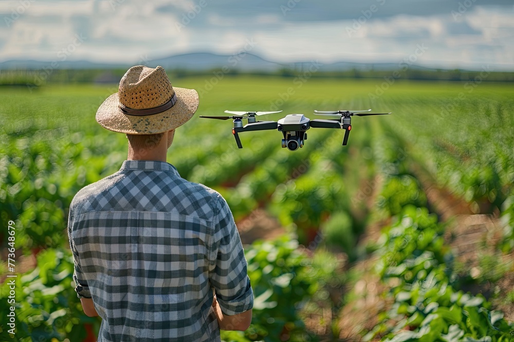 Fototapeta premium The farmer uses a quadcopter to control the growth of the crop.