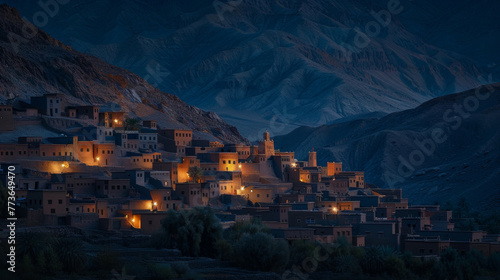 At the foot of a towering mountain range a hidden village lies nestled in the shadows. The warm glow of moonlight reveals the intricate . . photo