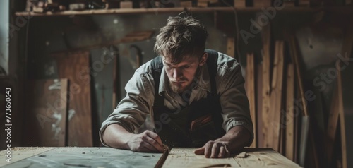 Focused Craftsman Measuring Wood in Workshop.