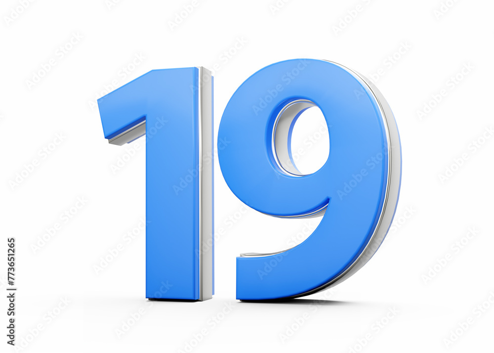 3D Number 19 Nineteen Made Up Of Blue Body With Silver Outline On White Background 3D Illustration 3D Number 19 Nineteen Made Up Of Blue Body With Silver Outline On White Background 3D Illustration