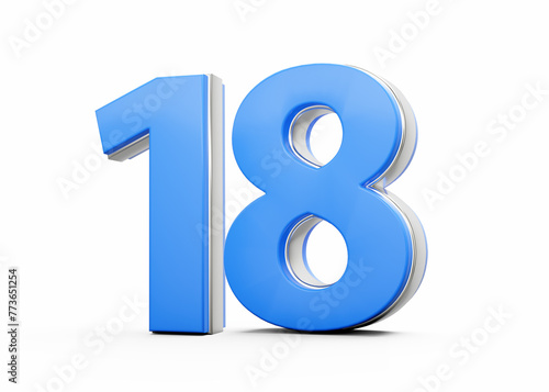 3D Number 18 Eighteen Made Up Of Blue Body With Silver Outline On White Background 3D Illustration