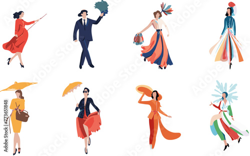 Elegant Fusion of Vintage and Modern Fashion, Stylish Figures in Dynamic Poses and Chic Attires