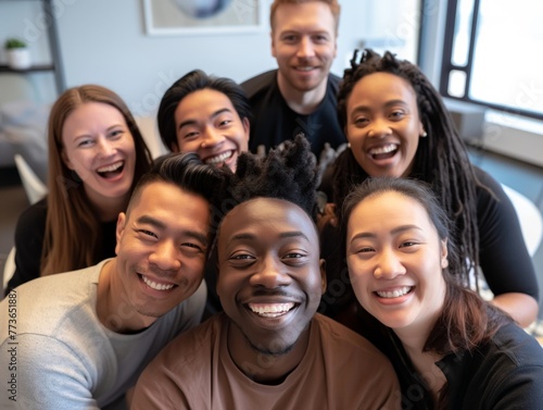 Multicultural happy young people taking group selfie in office, smiling happily at camera, diverse people celebrating together, happy lifestyle and teamwork concept, friendship, unity © Da