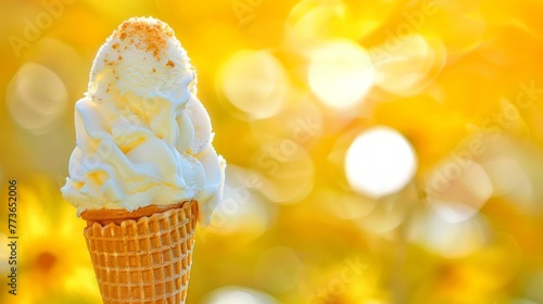 A colorful ice cream cone with a scoop of ice cream on top, starting to melt under the suns heat photo