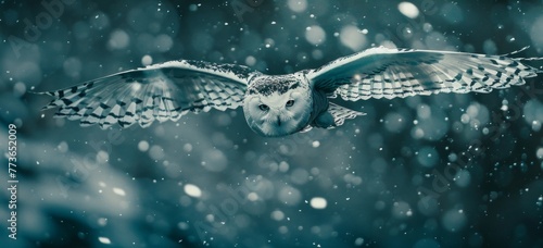 A majestic white owl gracefully flies through the snowy air on a winter day