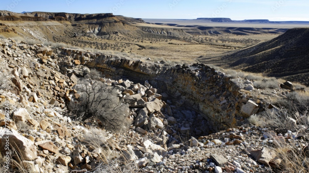 Broken boulders and rubble strewn about the rim of a crater evidence of the intense impact that shook the earth.