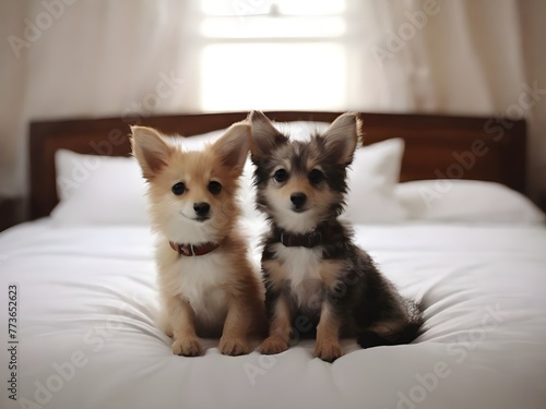 Generated ai, chihuahua puppy sitting on a bed