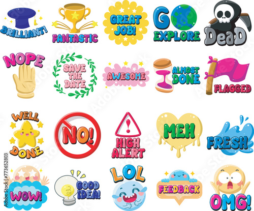 Cute text sticker message illsutration. Colorful positive quotes text. Cute sticker with faces and text.
