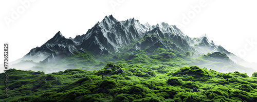 3D mountain with green grass and forest landscape, isolated on white background, png