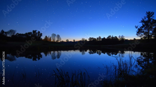 The first stars ling above a tranquil pond their reflection dancing on the still surface of the water. . .