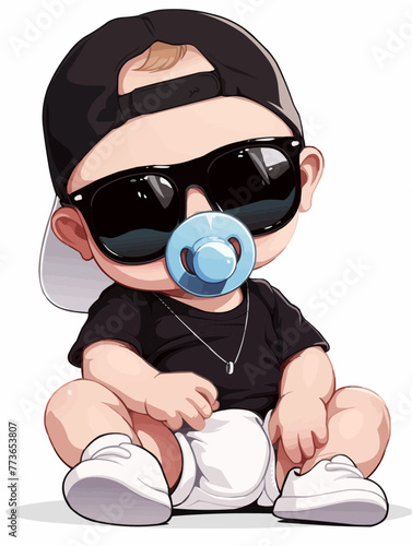 Cool Baby Like a Boss Toddler with Baseball Cap and large Sunglasses Mini Chef Baby	