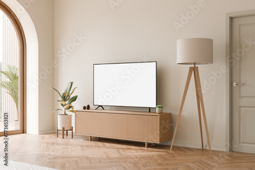 Tv wall mockup with minimal interior decoration, Rubber tree plant, Wood Tv cabinet, Wooden floor lamp Tv mockup 3d illustration.