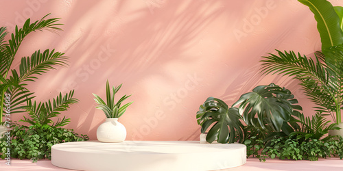 Podium beauty display stage stand summer fashion abstract luxury plant Minimal modern product display on textured .