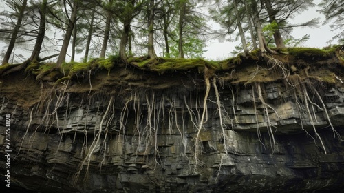 A group of trees fiercely clinging to the edge of a massive sinkhole their roots exposed and tangled in a desperate struggle to survive. The scale of the sinkhole is both