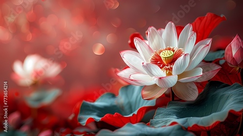 Traditional red and green lotus flower illustration poster background