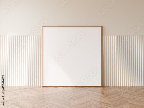 Square blank wood frame with minimal white flute wall cladding, Wood herringbone floor, 3d illustration. © Washdog