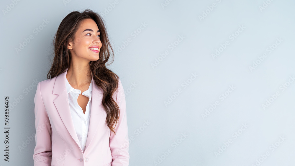 Latino business woman in pink suit smile looking up isolated on gray Latino business woman in pink suit smile looking up isolated on gray