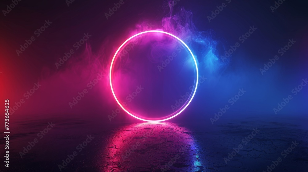 An abstract neon background is enhanced by glowing circle lines