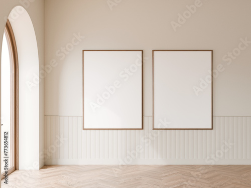 Two vertical frame mockup hanging on white wall minimal decoration room, Wood floor, Arch door, 3d illustration.