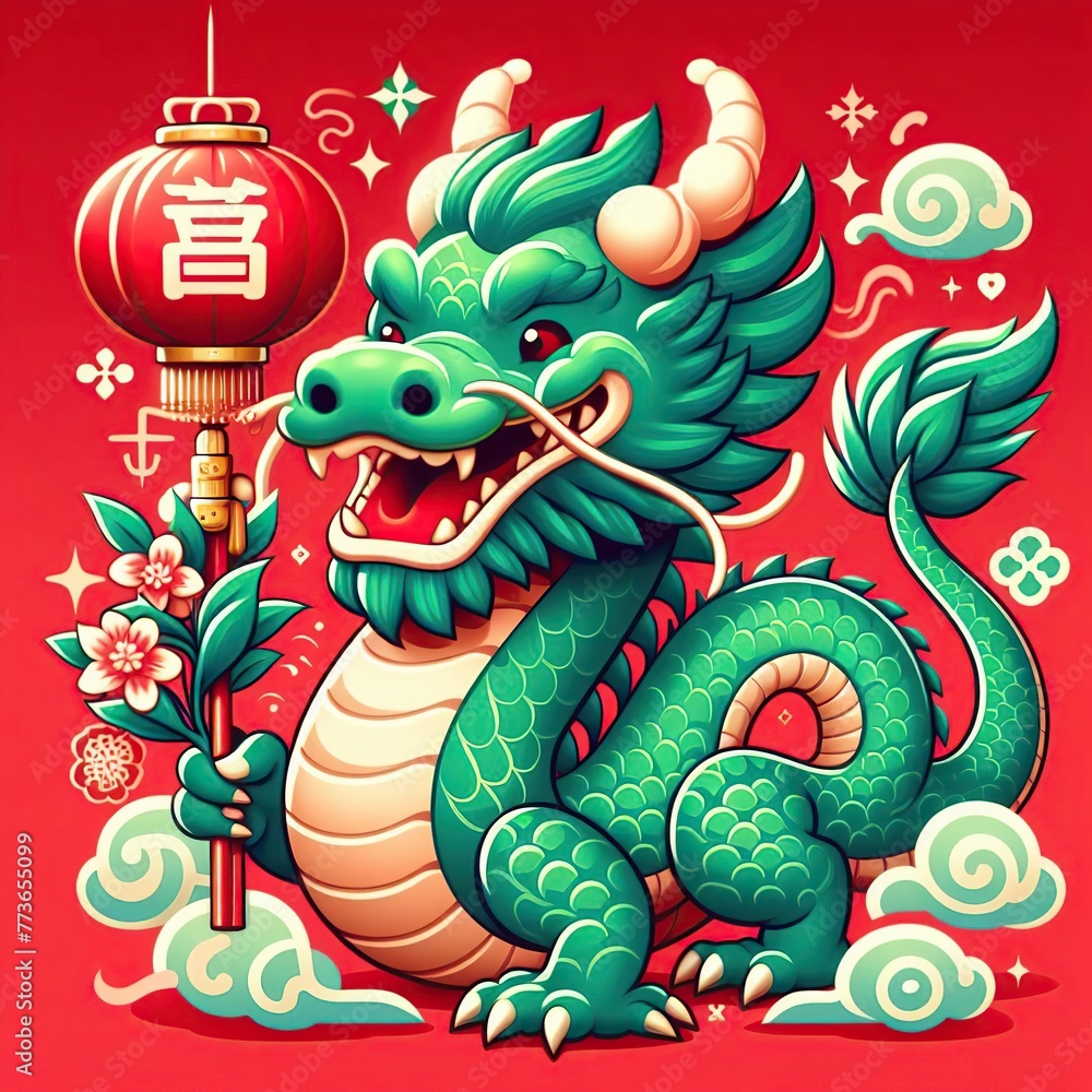 Beautiful drawing of a traditional green dragon on a red bright background Beautiful drawing of a traditional green dragon on a red bright background