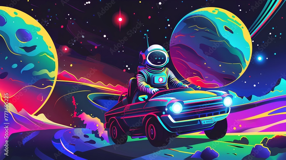 Astronaut robot riding a car on a planet in space with colorful modern style illustration 