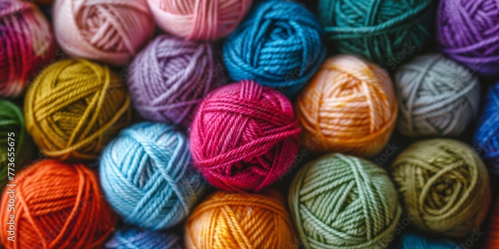 A pile of various colored yarn balls neatly stacked together A pile of various colored yarn balls neatly stacked together