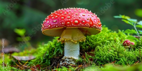 A vibrant red and white spotted poisonous mushroom growing on the ground in a natural setting