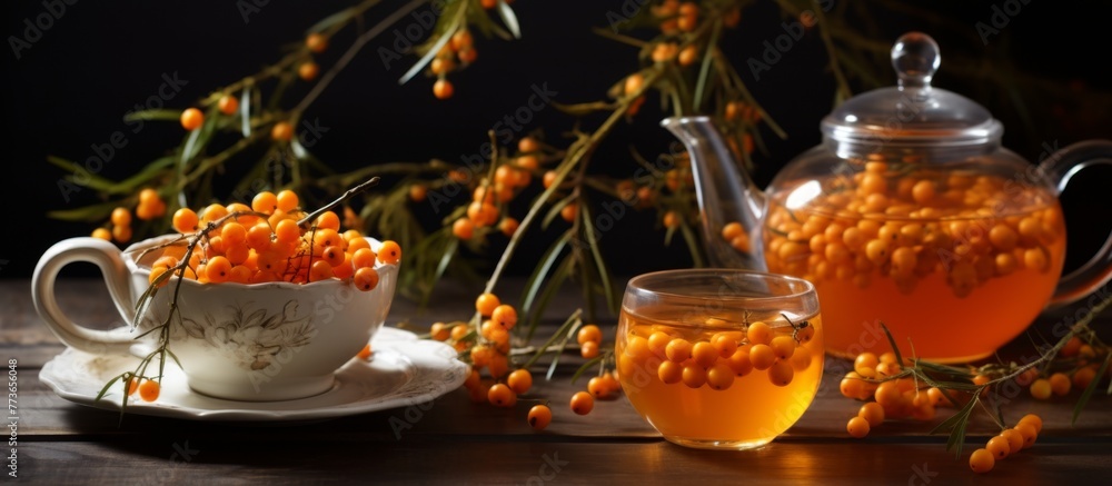 A traditional teapot and a cup filled with tea, adorned with fresh berries on the surface A traditional teapot and a cup filled with tea, adorned with fresh berries on the surface