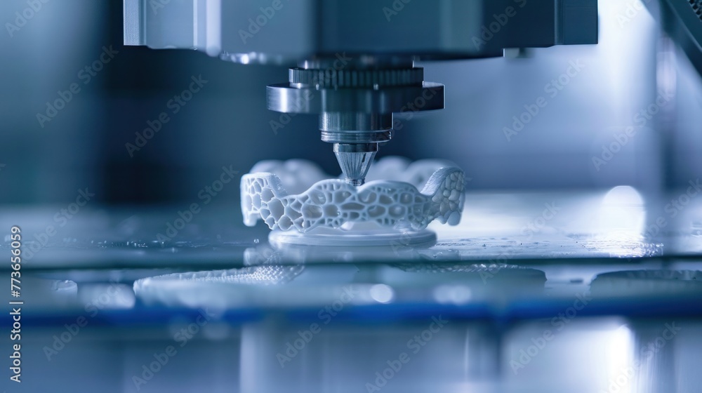3D printer creating a dental prosthesis, showcasing precision manufacturing technology in the medical field. 3D printer creating a dental prosthesis, showcasing precision manufacturing technology in the medical field.