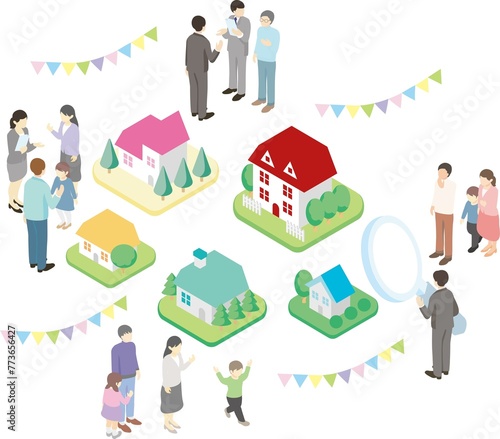 アイソメトリック　アイソメ　ビジネス　人物　家族　家　住宅　不動産　街並み　イラスト素材セット