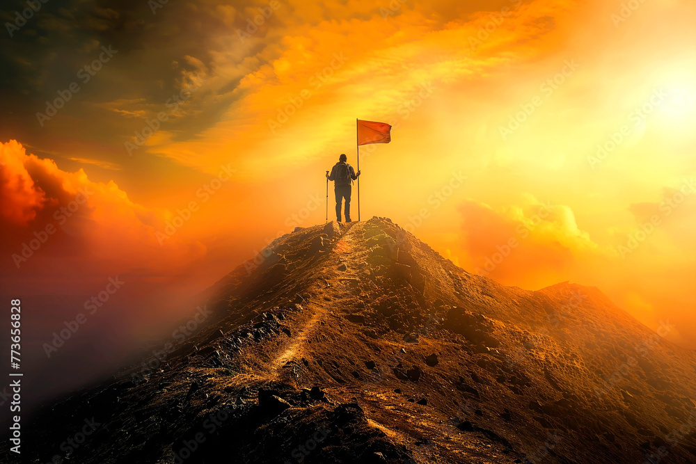 Hiker man heading to the top of mountain cliff with the big red flag on wide view over the clouds and blue sky background. Setting up goals and expectations, business success, succeed concept.