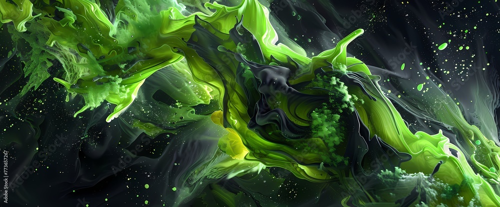 A surreal blend of midnight black and neon green unfolds, capturing the essence of a cosmic collision in abstract form. A surreal blend of midnight black and neon green unfolds, capturing the essence of a cosmic collision in abstract form.
