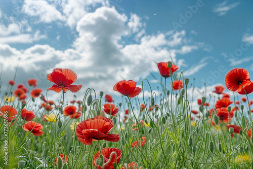 A field of poppies in spring  bright red flowers swaying in the wind  under a blue sky with white clouds 