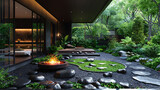 Tranquility in the Courtyard: Sunken Barbecue Area Surrounded by Greenery and Natural Stone Landscaping Elements