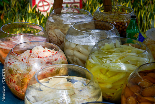 Various flavors of sour food sold at a sour food stall in Nanning, Guangxi, China