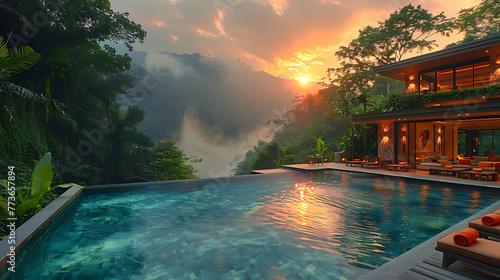 Tranquil Greenhouse Escape: Lounge and Pool Set in Southeast Asian Rainforest Canopy at Dawn