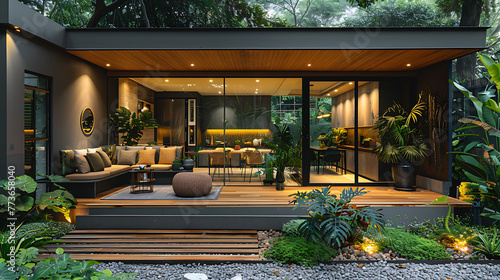 Modern Garden Design Featuring Green Couch, Wood Siding, Statement Light, Ceramic Floors, And Reeded Glass