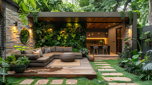 Chic Small Garden With Forest Green Couch, Wood Siding, Statement Lighting, And Reeded Glass Features